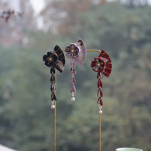 

Manual and wind fan tassel hair clips, Purple gold flower kimono bathrobe photo cos tire hair accessories