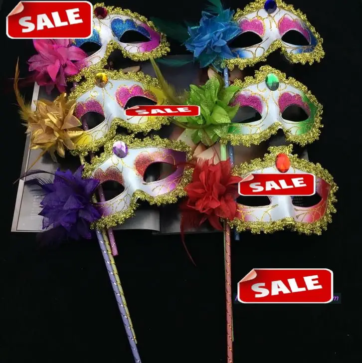 

Venetian masquerade feather flower gem sparking mask on stick Mardi Gras Costume Halloween Carnival Hand Held Stick party mask