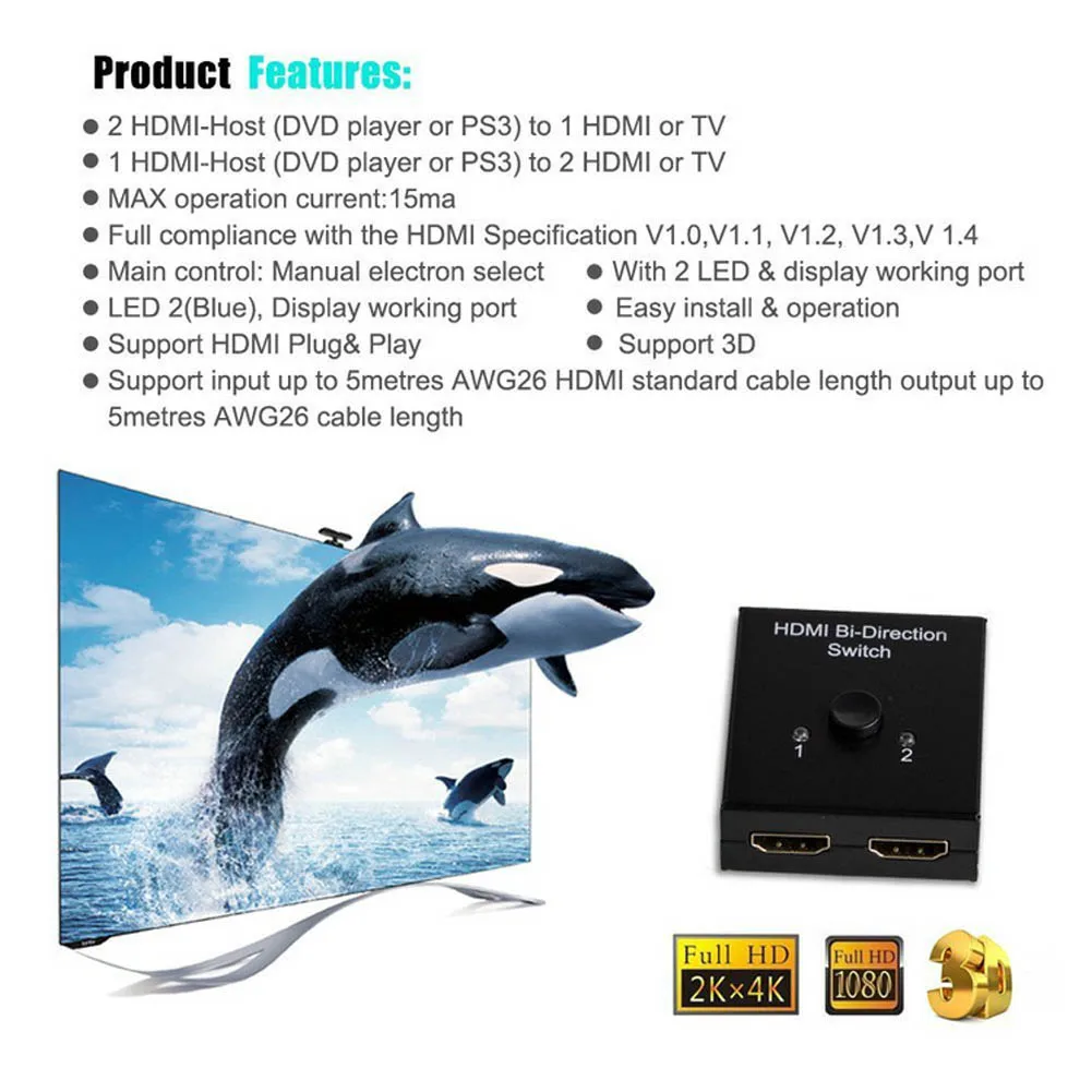 Новый двухпортовый HDMI двухсторонний переключатель ручной 2x1/1x2 разветвитель с