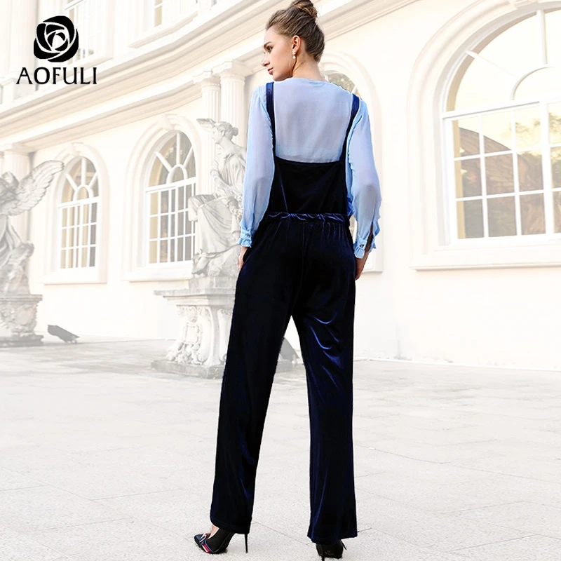 XL/2XL/3XL элегантный синий вельветовый Женский комплект блузка с длинными рукавами