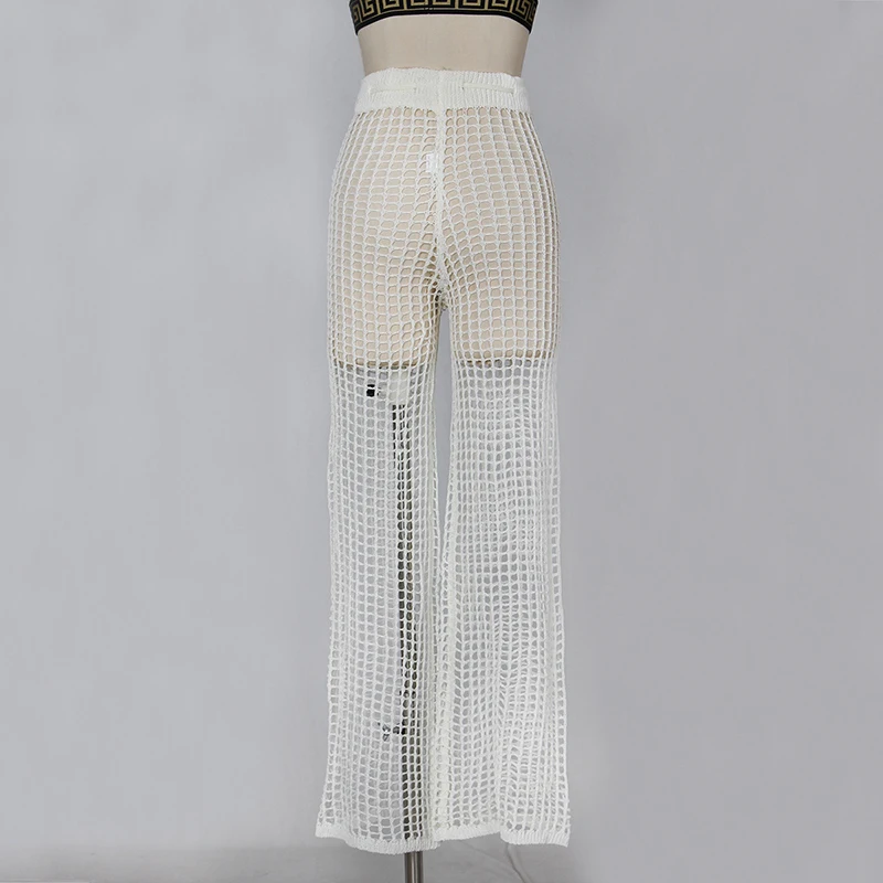 

Women White Crochet Pants Nice Hollow Out High Waist Sexy Beach Club Party Pants Loose Wide Leg Women Trousers Pantalon Femme