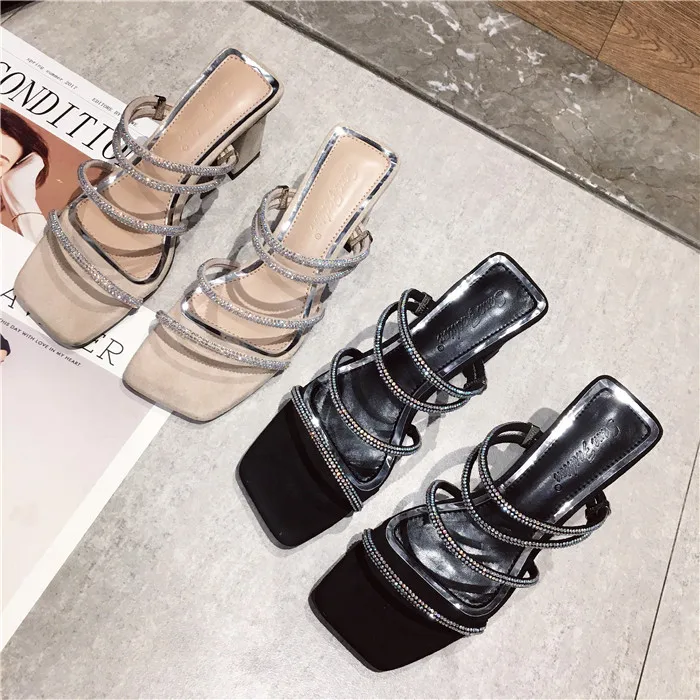 Slippers Heels Ladies Flip Flops Slides Woman Shoes Luxury Flock Square heel High Flip-flops Sliders Summer Designer Crystal
