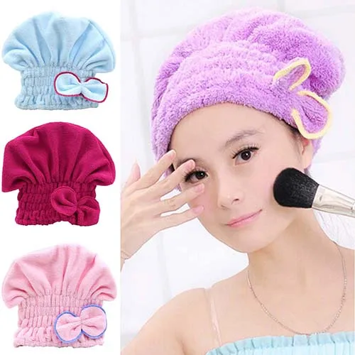 NEW Women's Hair Drying Hat Spa Towel Turban Cap Cute Bowknot Soft Coral Velvet Micro-fiber | Дом и сад