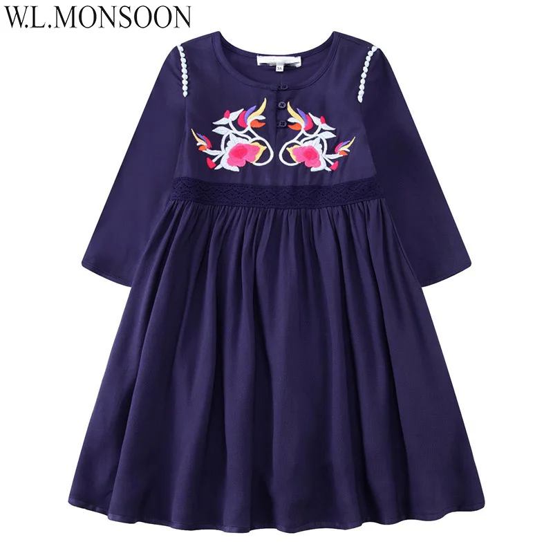 W. L. MONSOON/платье для маленьких девочек с длинными рукавами; vestidos; коллекция года; Брендовое рождественское платье с вышивкой; хлопковые осенние платья; детская одежда