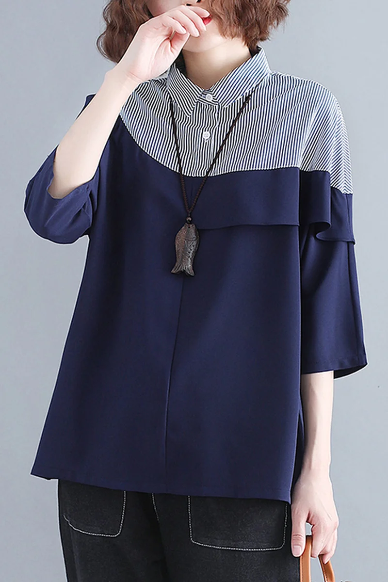 

2019 New Summer Chiffon Shirt Ruffled Stripe Stitching Five-point Sleeve Polo Collar Shirt Hh144