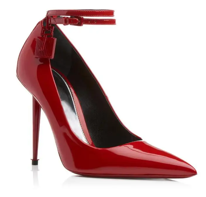 

Newest Metal Padlock Women Shoes High Heels Pointed Toe Red Black Patent Leather Ankle Strap Spike Heel Pumps Women Shoes