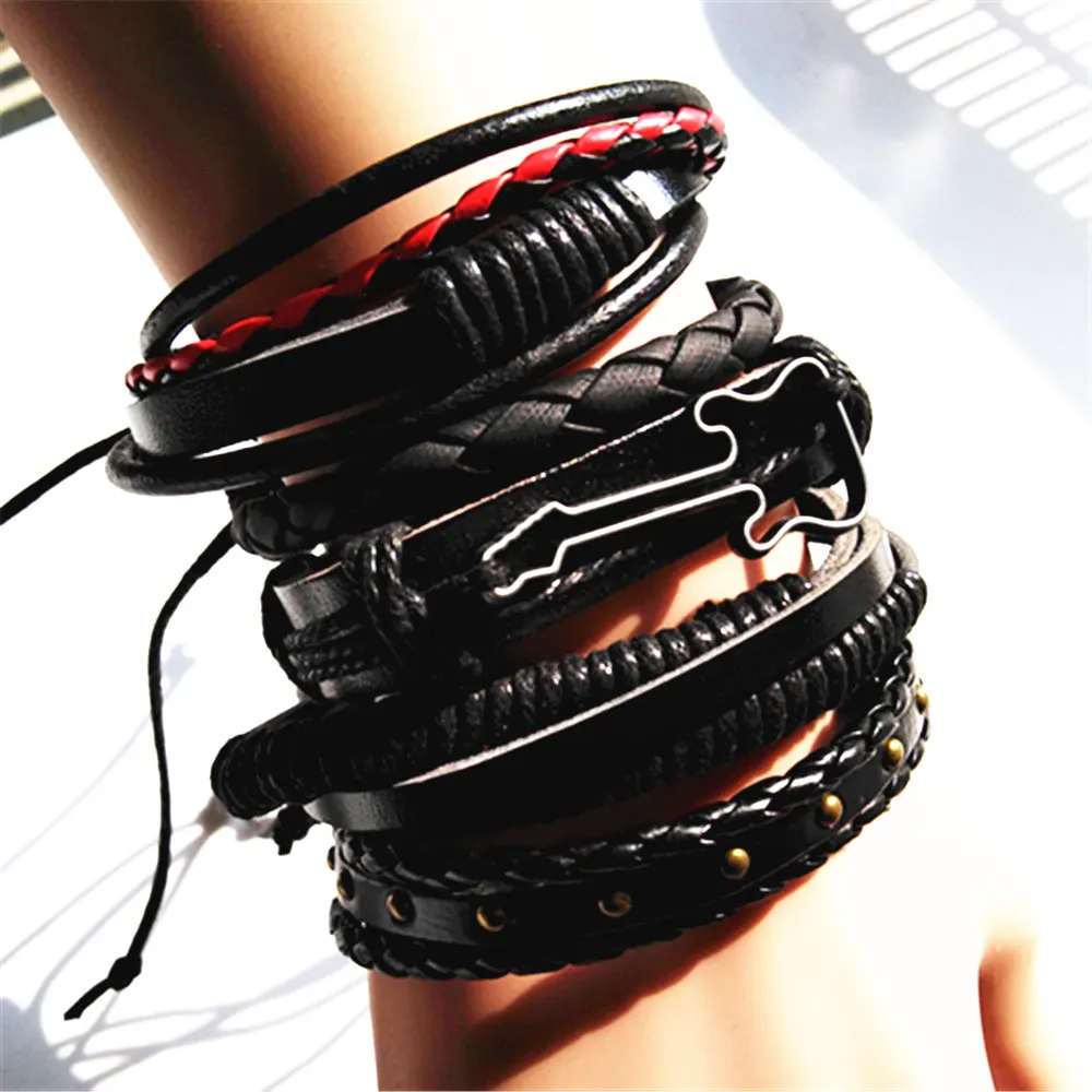Мужской кожаный браслет ручной работы Плетеный Черный Браслет с заклепками и