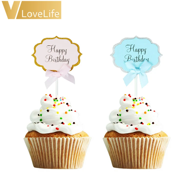 5 шт. торт Кекс Топпер письмо с днем рождения синий розовый бант ленты Детские