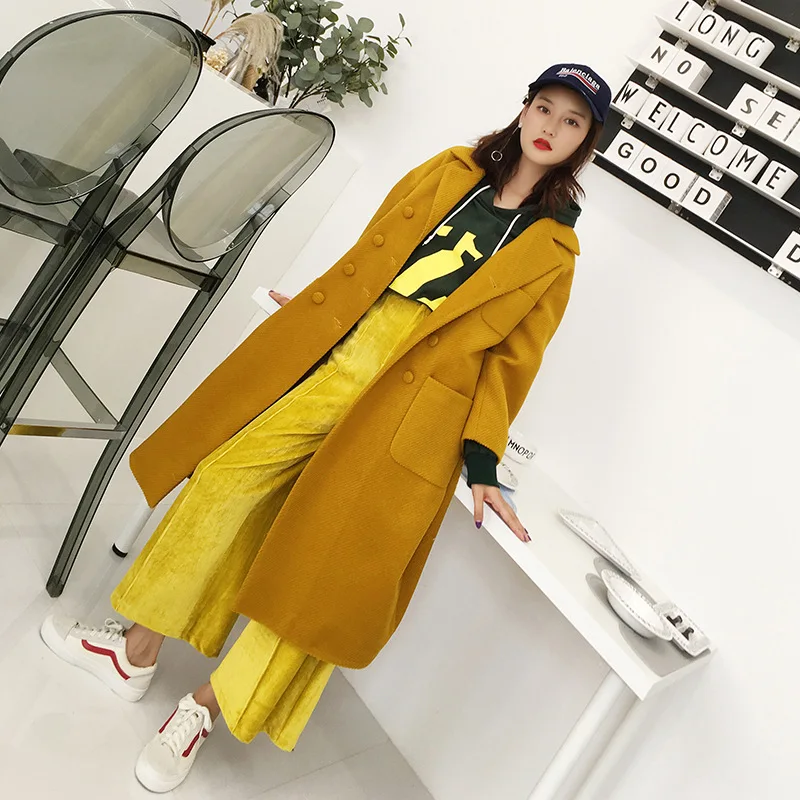 Имбирь падение плечо рукава свободные одноцветное двубортное длинное пальто