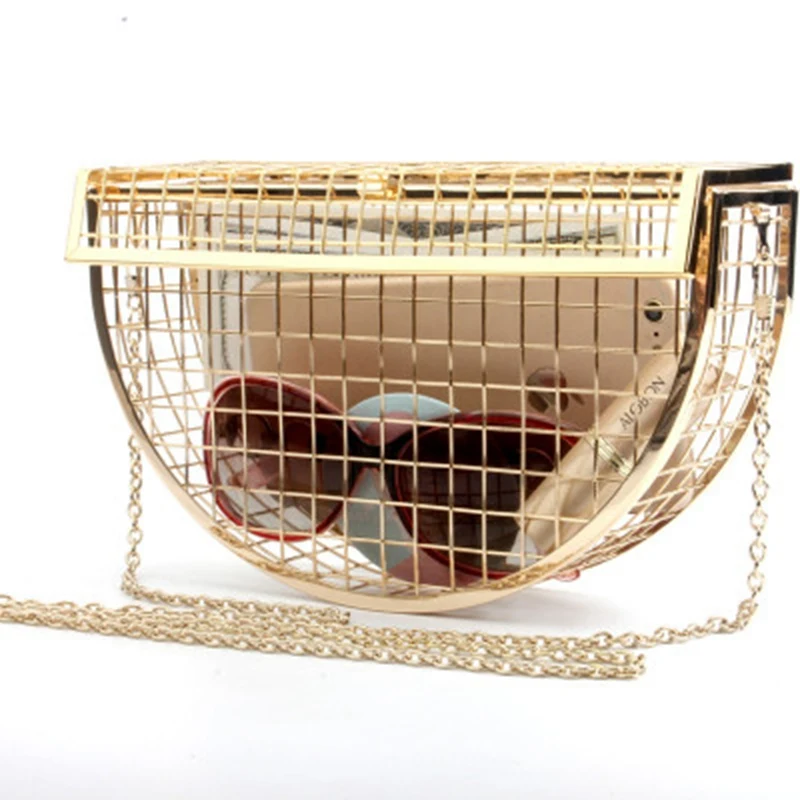 

2019 new retro metal semi-circular hollow dinner bag shoulder slung chain evening bag personality mini cage bag geometry handbag