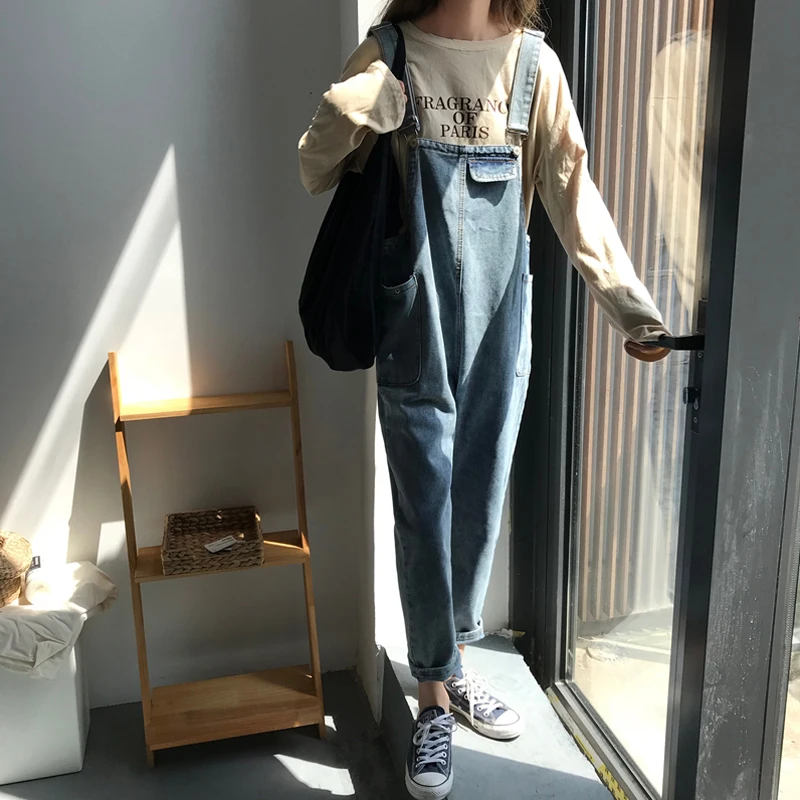 

Plus Size New Women's Casual Loose Denim Overalls Lady's Solid Colors Baggy Jeans Wide Leg Jumpsuit Pants with Pocket for Woman