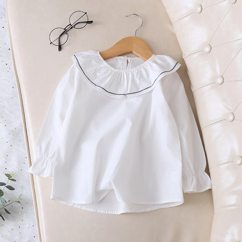 Белый Babyinstar New Girls Blouse Solid Cotton Kid White Blouse Brief Design Baby Pink Blouse Long Sleeve Shirts For Girls - Цвет: Белый
