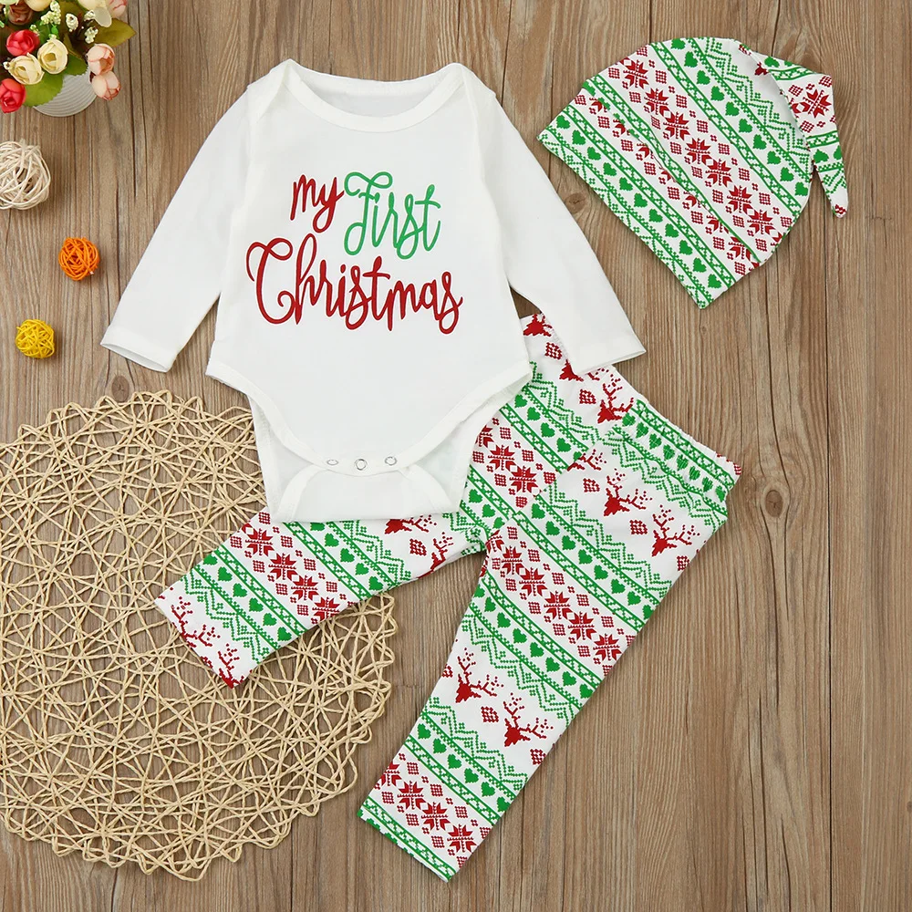 Мой первый Chirstmas для маленьких мальчиков девочек 3 шт./компл. наряд малышей шляпа +