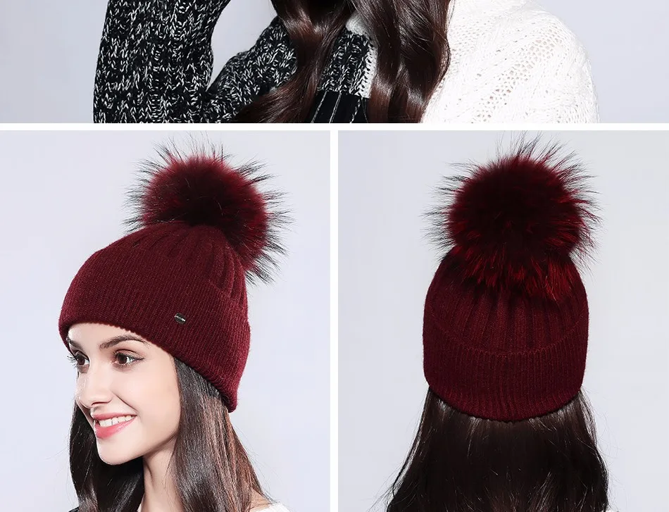 Женские зимние шапки однотонные осень зима настоящий помпон из меха енота Skullies Beanies хлопок шерсть теплая вязаная шапка# MZ750