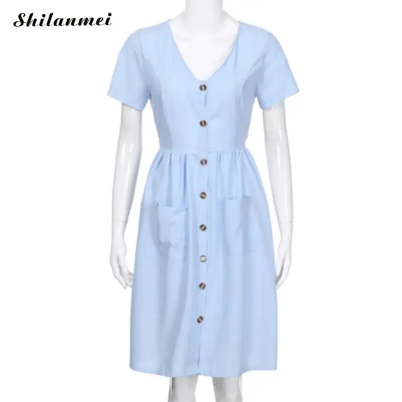 Женское свободное платье миди на пуговицах винтажное пляжное с коротким рукавом
