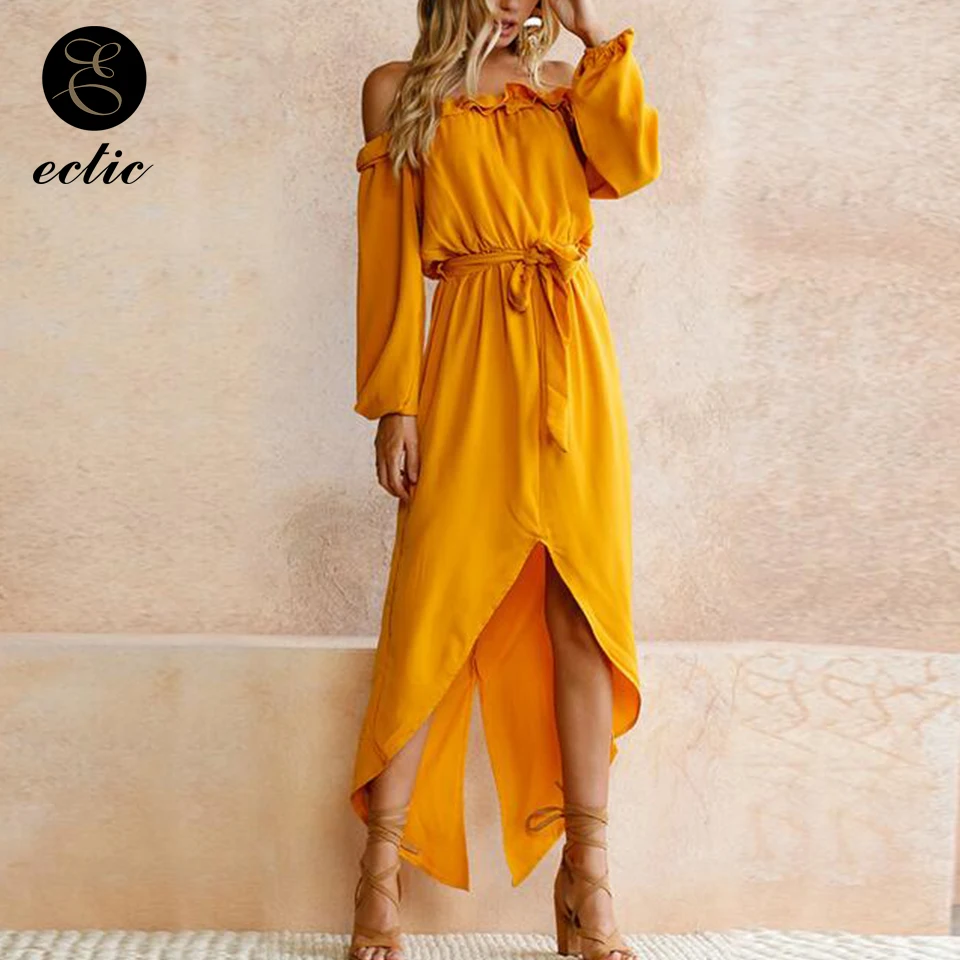 Off Shoulder Ruched Thigh Slit Dress Sukienka Plain Maxi Long Sleeve Women Robe Femme Ete 2021 Back Short Front | Женская одежда
