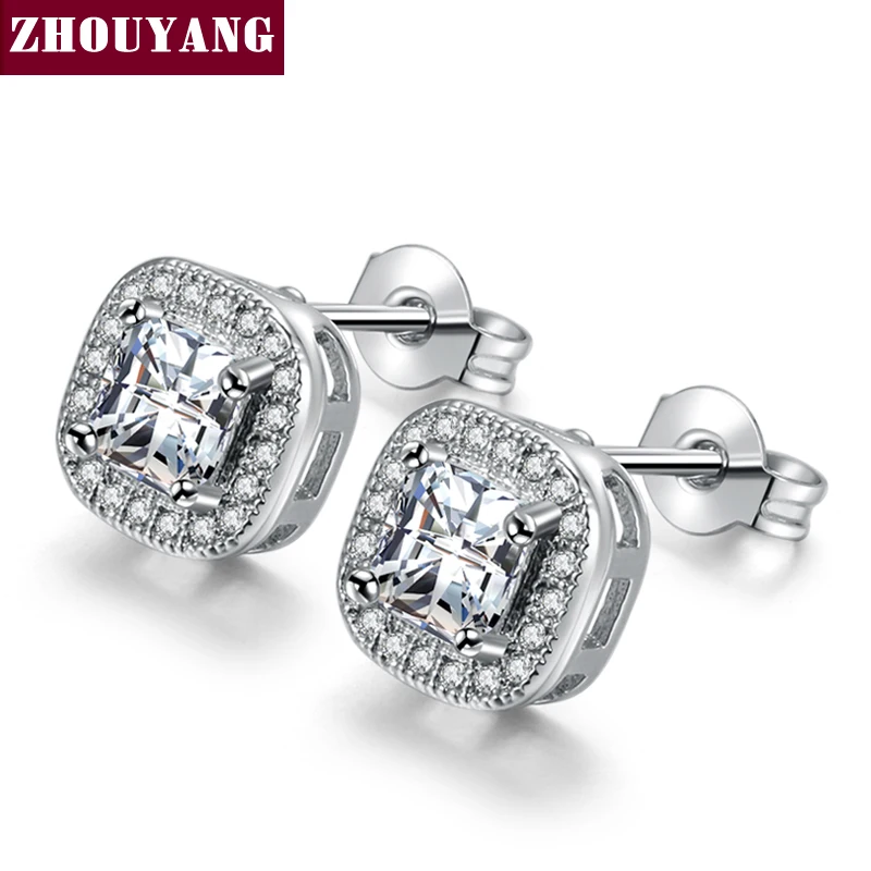 Женские серьги гвоздики серебристого цвета с квадратным фианитом|earrings barbell|earring