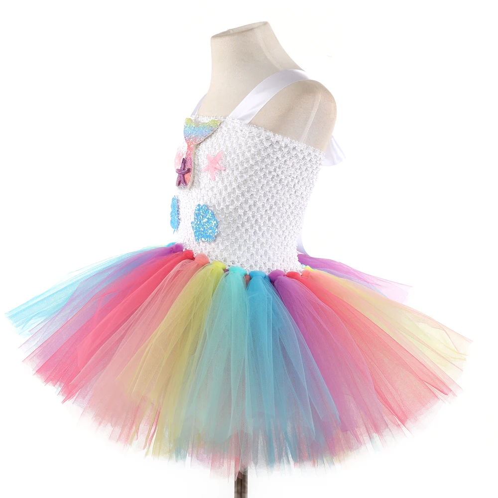 Girls Mermaid Flowers Tutu Dress With Headband Cotton Lining Matching Hair Hoop Set for Kids Birthday Theme Party | Тематическая