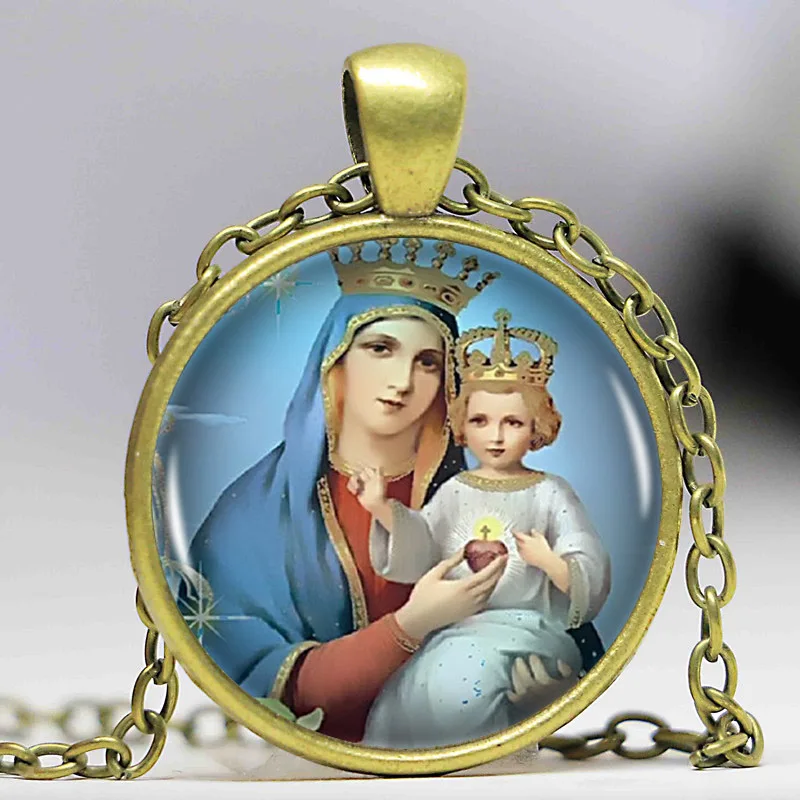 Женская цепочка с кабошоном винтажная длинная Серебряная подвеской Дева Мария