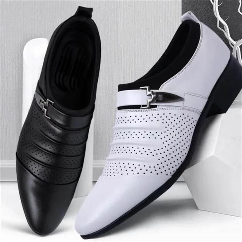 Мужские туфли с острым носком черные коричневые белые сандалии перфорацией