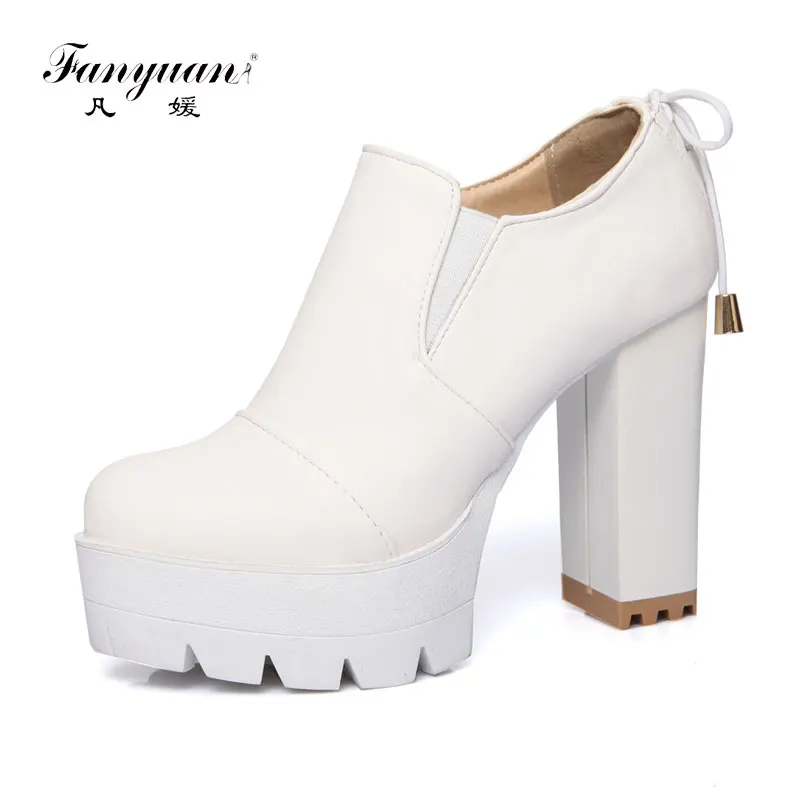 

new Heels Fanyuan Spring Women Vintage Platform Shoes Round Toe Super High Heels Fashion Elastic Mouth Good PU Women Shoes
