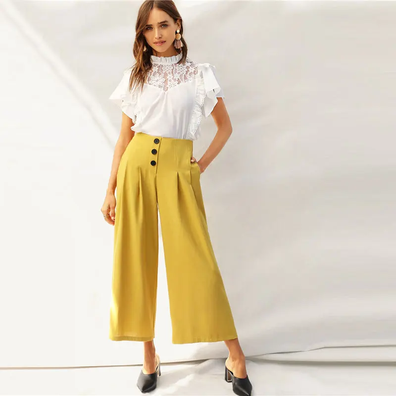 SHEIN Топ С Оборкой И Кружевом Летняя Блузка С Кружевной Вставкой И Коротким Рукавом