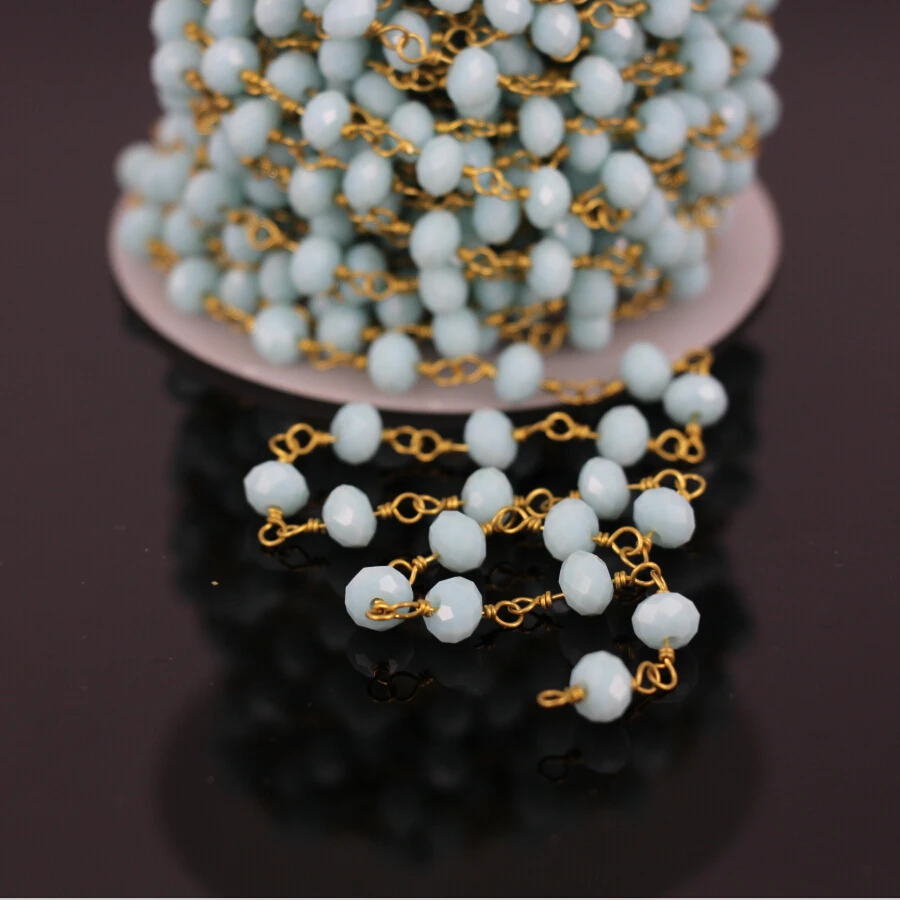 

5Meter,Light Blue Faceted Glass Bead Rosary Chain,amazonite Rondelle Gold Plated Wire Wrapped Brass Rosary Chains Necklace