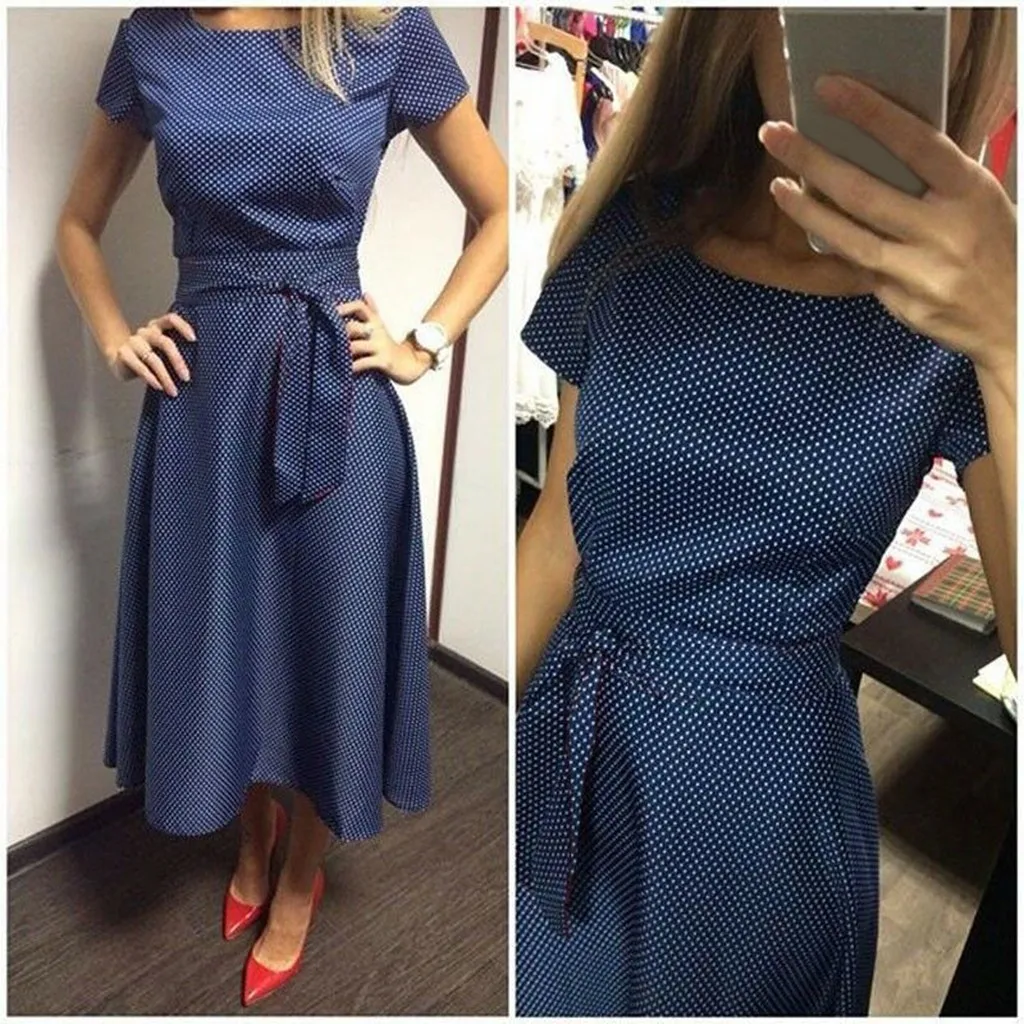 Летнее Длинное платье для женщин с коротким рукавом в стиле бохо принтом горошек