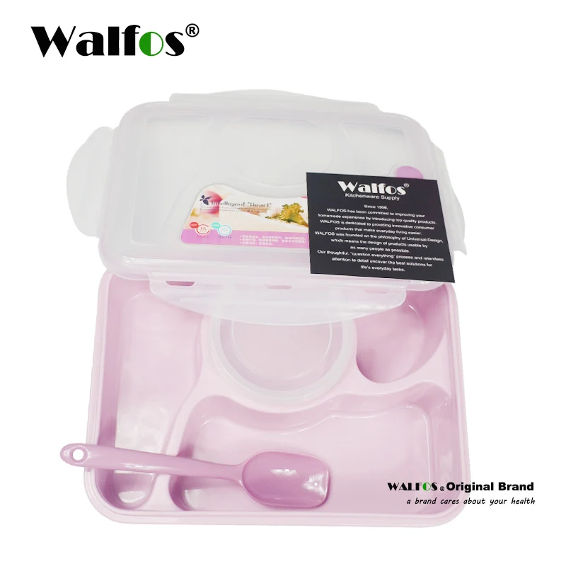 pink 4 compartmen Бренд WALFOS 5 plus 1 герметичный контейнер для обеда с ложкой bento box для детей, школы, офиса, простой свежий стиль - Цвет: pink 4 compartmen
