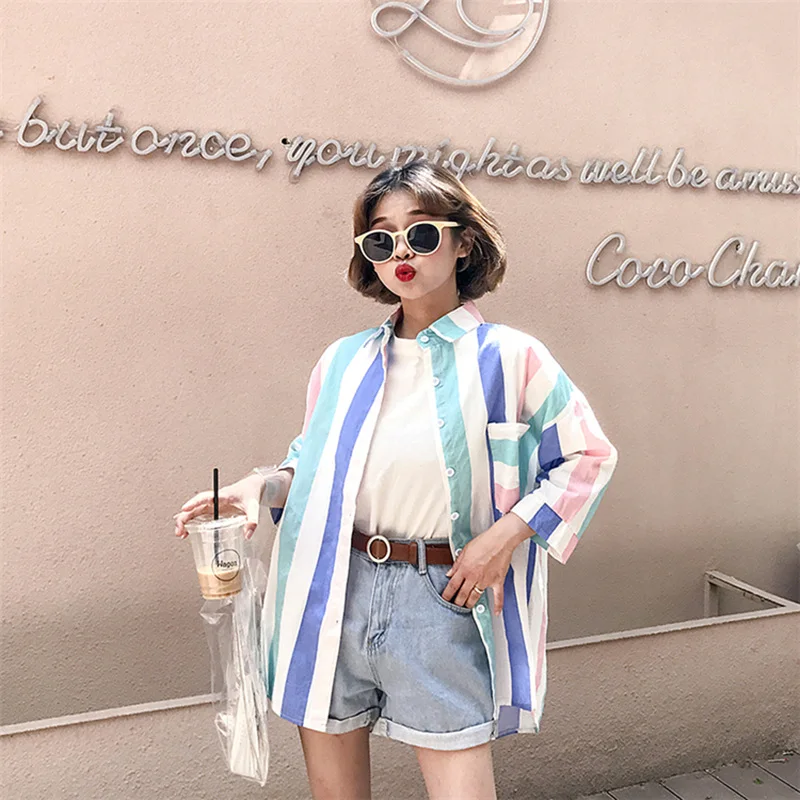 Summer New 2018 SweetLovely Fashion personalized Full Blouses Chic Women Loose Striped Print Notchedc Shirt Cute FemaleZQ142 |