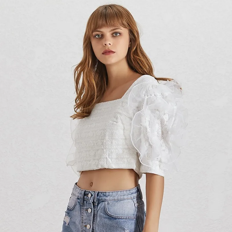 TWOTWINSTYLE элегантная сетчатая женская блузка пэчворк квадратный воротник с пышными