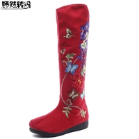 vintage autumn chinese women boots floral butterfly embroidered knee boots retro zipper shoes woman cloth high single boots