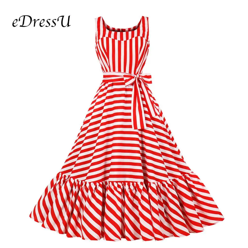 Летнее платье в красную полоску, винтажное платье миди, Vestido Robe, женское платье макси, одежда для отдыха, офиса, на каждый день, eDressU MXN-1833