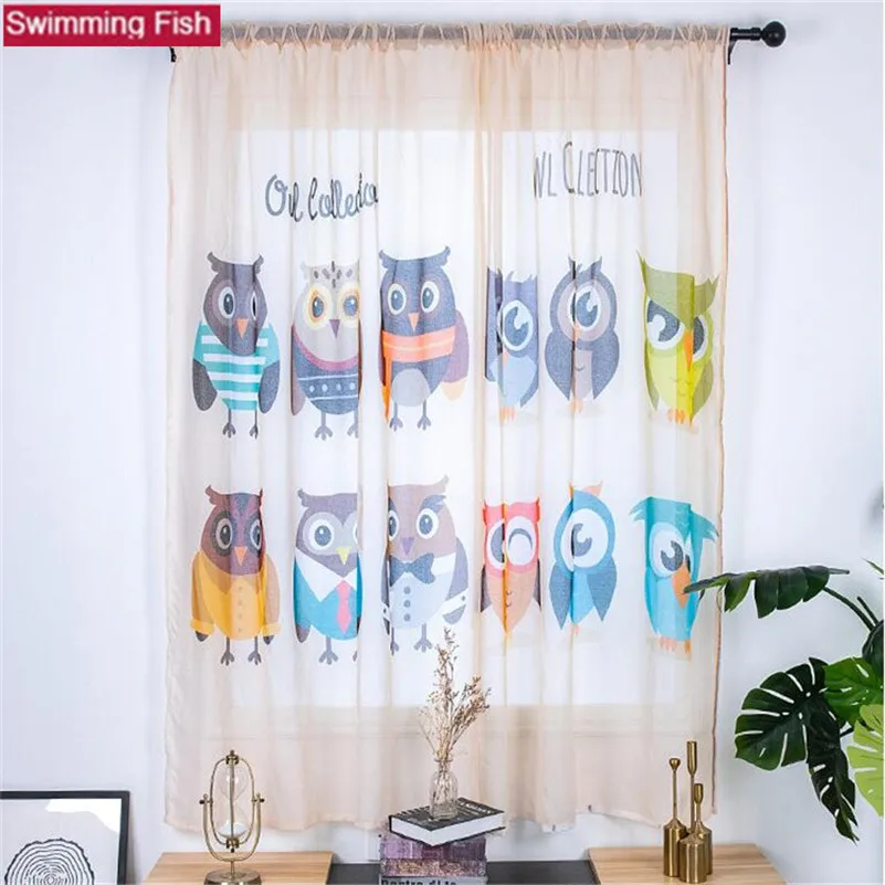 1pair window screening voile short door curtain print owl pattern curtains for kid's living room | Дом и сад