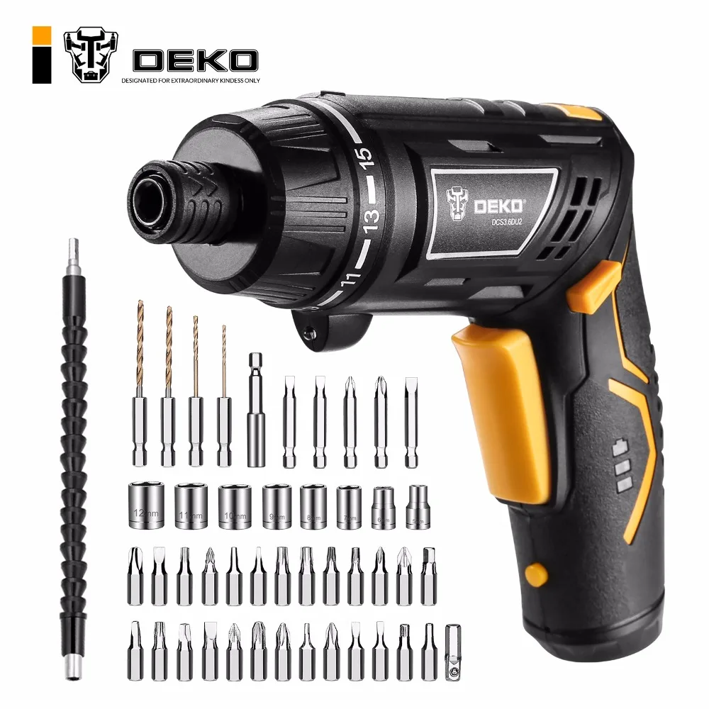 Аккумуляторная электрическая отвертка DEKO DCS3.6DU2-S2, перезаряжаемая электрическая отвертка с поворотной ручкой, беспроводной светодиодный фонарь для дома, сделай сам