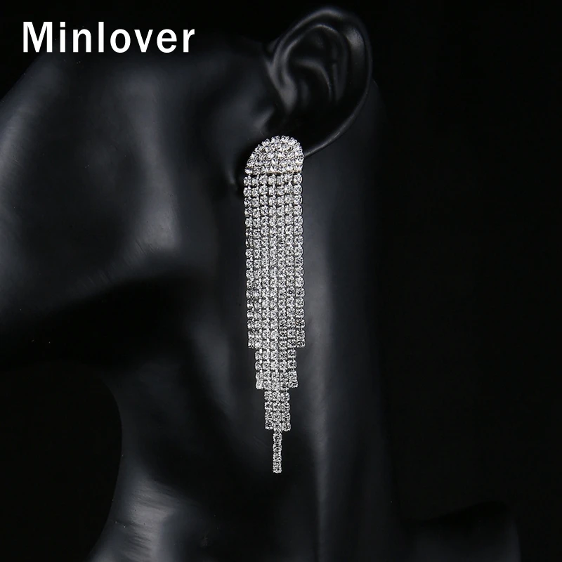 Minlover, серебряный цвет, кристалл, Длинная кисточка, висячие серьги для женщин, стразы, серьги для невесты, свадебные ювелирные изделия MEH1423