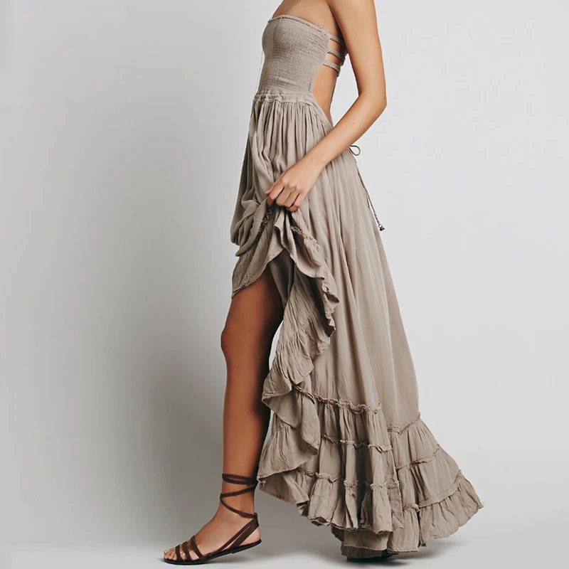 Женское винтажное платье макси на бретелях Boho длинное однотонное вечернее с