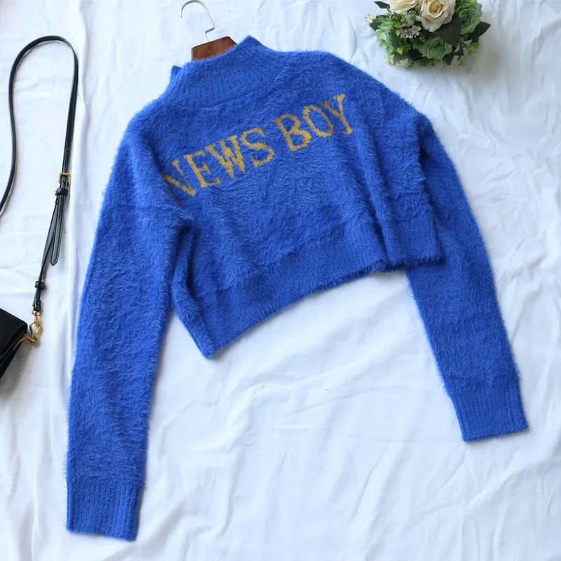 Flectit Blue Yellow Womens Fuzzy Knit Crooped Jumper Sweater with NEWSBOY Graphic Crew Neck Long Sleeve Pullovers Sweaters | Женская