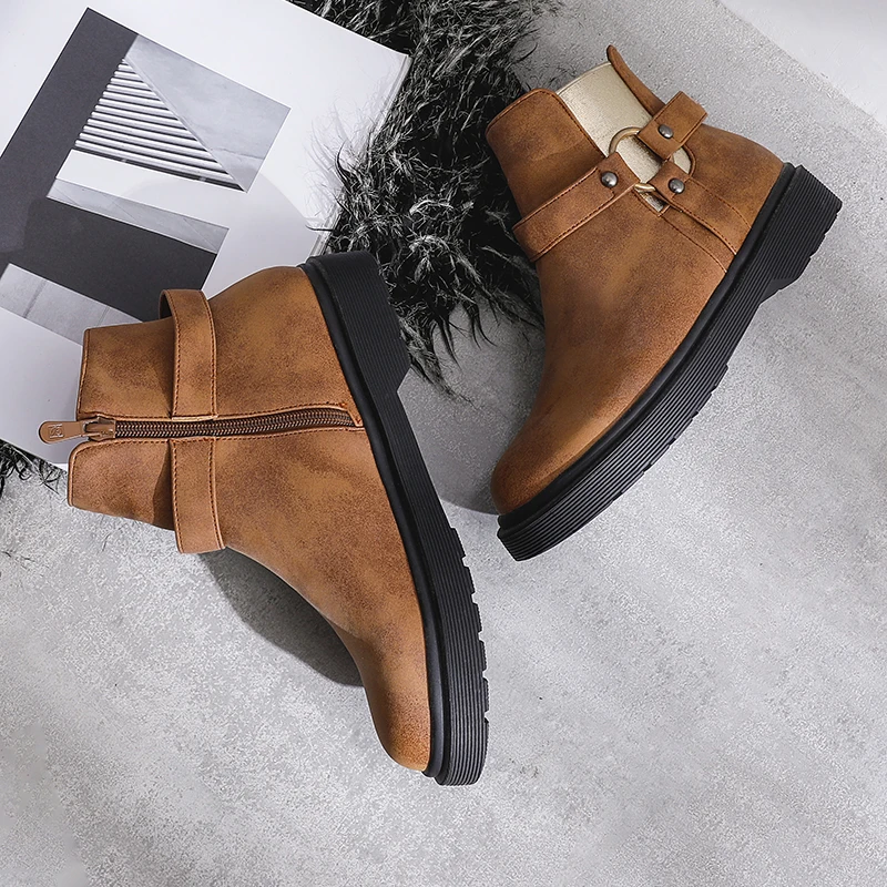 JK Elastic Ankle Boots Women Rivet Platform Booties Ladies Metal Casual Shoes Female Round Toe Girl Winter 2019 New Brown | Обувь