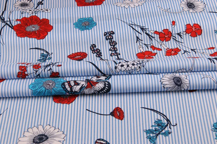 Полосатая ткань с цветочным принтом 100% хлопковая для женщин Платье или блузка