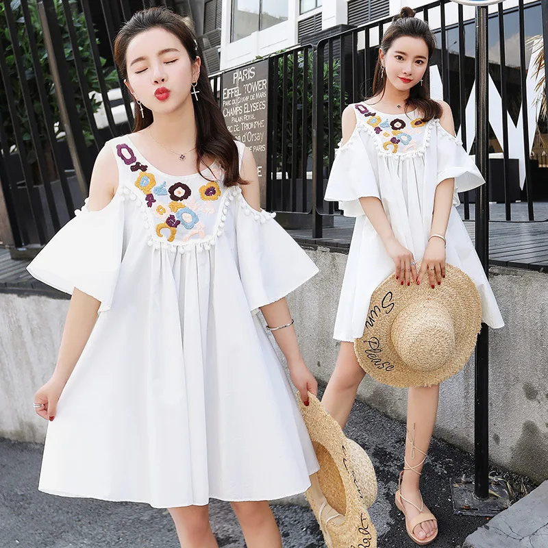 

Pregant Women 2019 New Korean Style Loose Fit Knee Length Cotton Solid Color Hollow Out Shoulder Summer Dresses Embroidery Dres