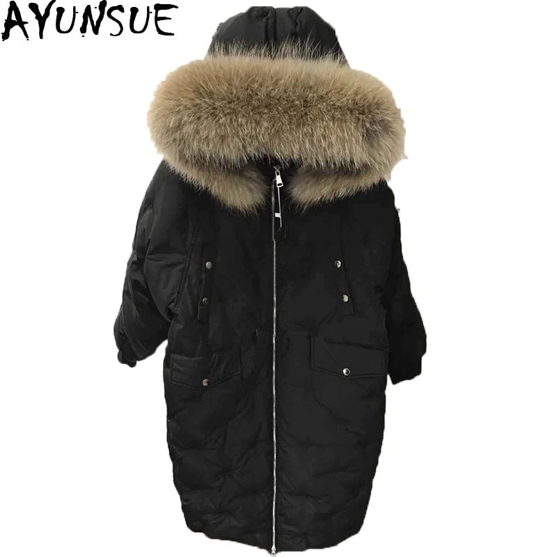 Пуховик женский с капюшоном из натурального меха енота|outwear women|outwear coatoutwear parkas |