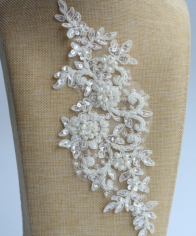 Ivory Alencon Lace Applique Beaded Sequined Patch For Wedding Supplies Bridal Hair Flower Headpiece | Patches