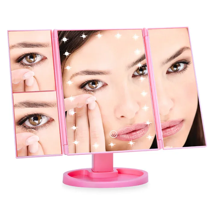 16 led fold pink Светодиодный сенсорный экран 22 зеркало для макияжа с лампой Настольный макияж 1X/2X/3X/10X увеличительные зеркала туалетный столик 3 Складные регулируемые зеркала - Цвет: 16 led fold pink