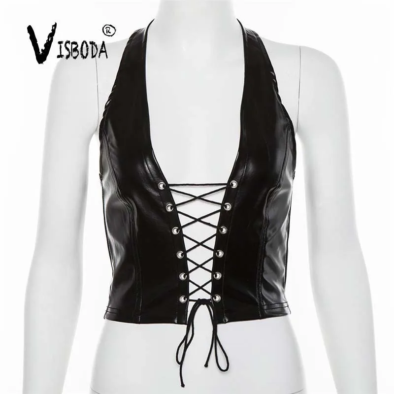 Женский сексуальный укороченный топ на бретелях черный жилет из искусственной