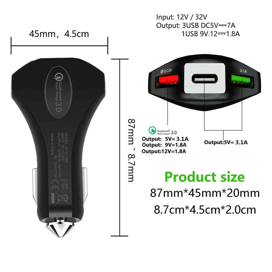 3а быстрое USB Автомобильное зарядное устройство для IPhone Xiaomi samsung huawei автомобильное USB зарядное устройство адаптер Автомобильное зарядное устройство для мобильного телефона зарядное устройство/молоток безопасности