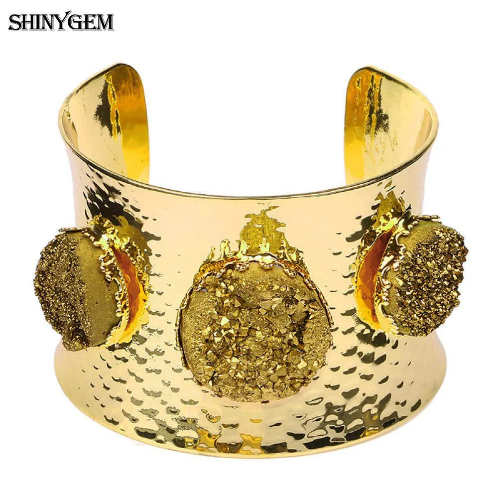 Браслеты ShinyGem с большими дикими кристаллами, браслеты с натуральным друзным камнем, открытая манжета, браслет с золотым покрытием, большой браслет на запястье для женщин - Окраска металла: Gold