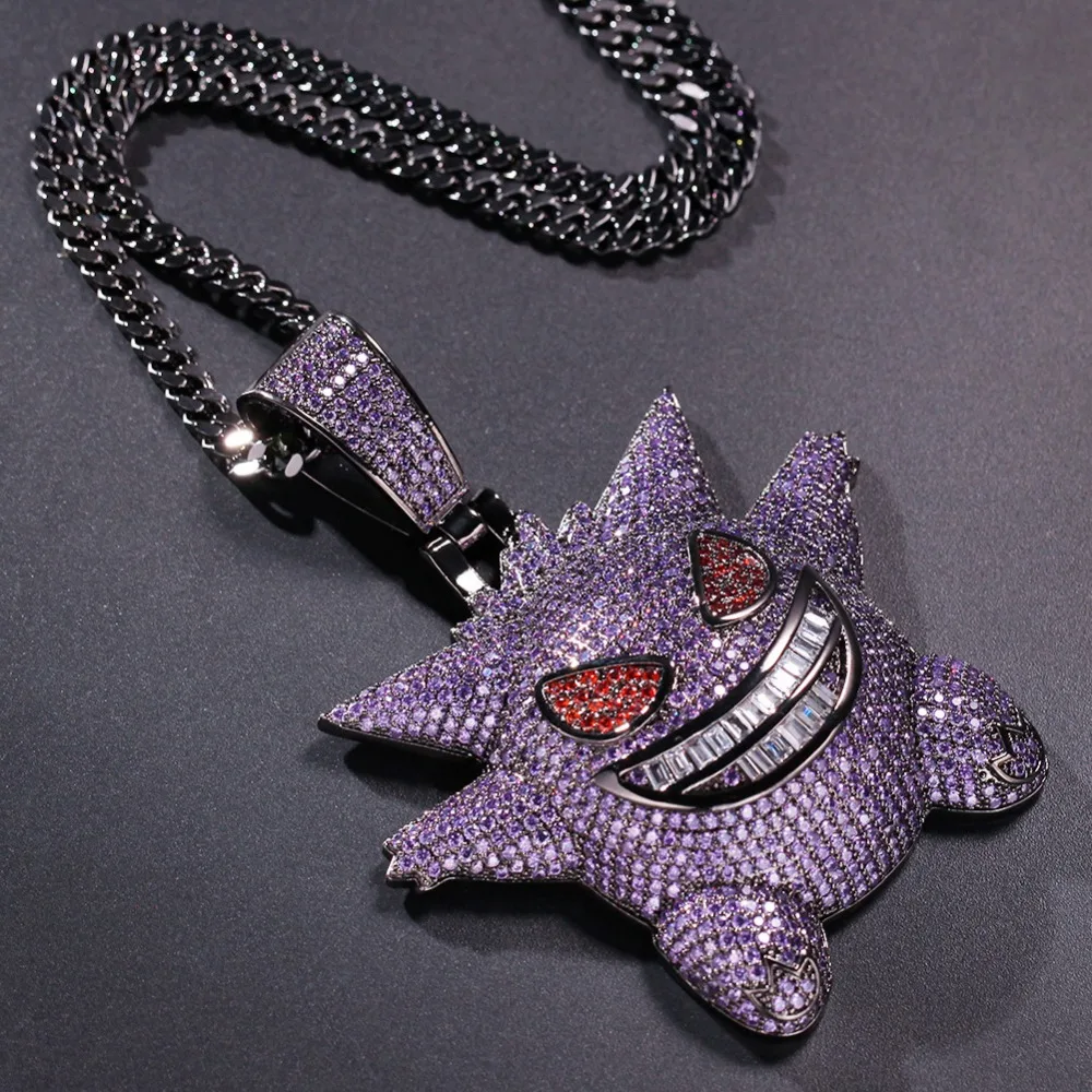Новое поступление розовая большая маска покемона Gengar кулон ожерелье для мужчин хип хоп AAA CZ Циркон Bling Ice Out Rapper ювелирные изделия 2" кубинская цепь