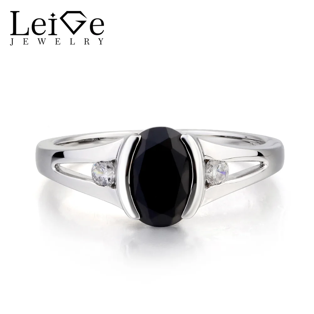 

Leige Jewelry Engagement Ring Real Natural Black Spinel Ring Oval Cut Black Gemstone 925 Sterling Silver Ring Gifts for Women