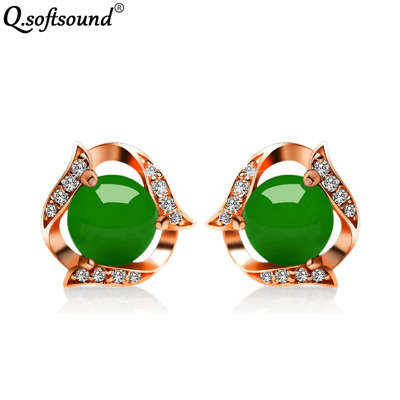 Женские серьги гвоздики с бусинами Chrysoprase белое золото/розовый золотой цвет